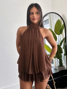 leahseptember Women's Elegant Light Yellow Halter Tie Mini Dress Party - Rust Brown - View 5