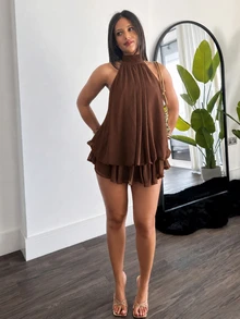 leahseptember Women's Elegant Light Yellow Halter Tie Mini Dress Party - Rust Brown - View 7
