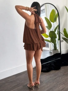 leahseptember Women's Elegant Light Yellow Halter Tie Mini Dress Party - Rust Brown - View 3