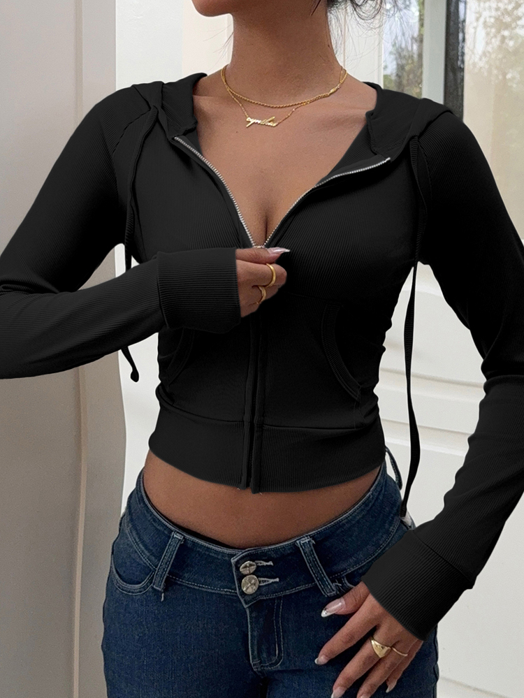 INAWLY Women's Solid Color Long Sleeve Zipper Front Pocket Hooded Jacket, Autumn Fall Winter Cloth For Women - Black - View 4