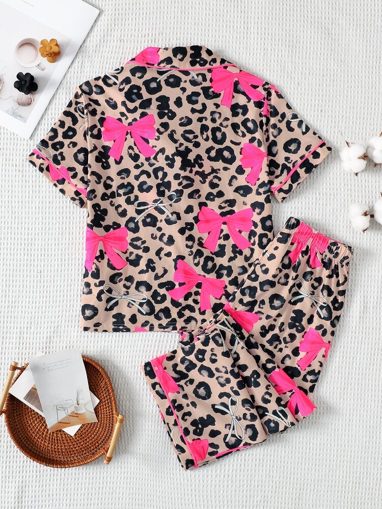 SHEIN بيجامة صيفية للبنات المراهقات بطبعة نمر وفراشات حلوة، أكمام قصيرة وبنطلون طويل، ملابس منزلية كاجوال - متعدد الألوان - مشاهدة 2
