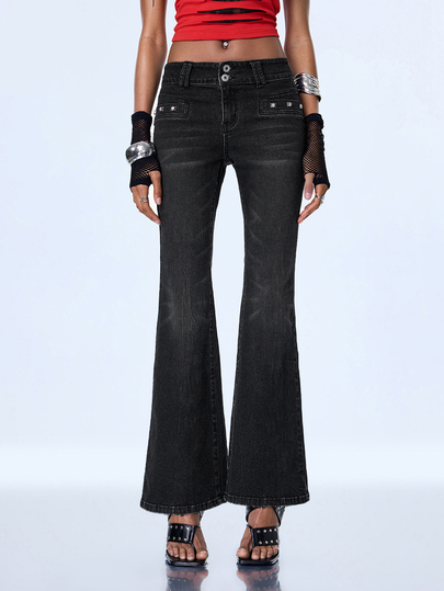 Y2Kool Women's Casual Button Waist Flare Leg Jeans Women's Fall Teacher Pants