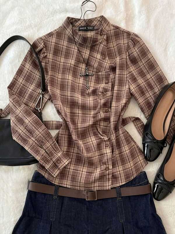 Attitoon Women's Plaid Long Sleeve Shirt Mock Neck Asymmetrical Button Down Tie Waist Peplum Blouse Top