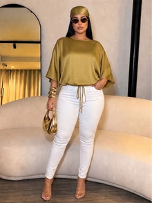 SOLERSUN Women's Elegant Loose-Fit Casual Party Luxury Satin Batwing Sleeve Blouse With Drawstring Hem - Mustard Yellow - View 3