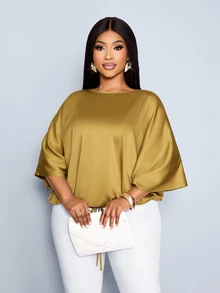 SOLERSUN Women's Elegant Loose-Fit Casual Party Luxury Satin Batwing Sleeve Blouse With Drawstring Hem - Mustard Yellow - View 2
