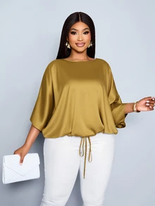 SOLERSUN Women's Elegant Loose-Fit Casual Party Luxury Satin Batwing Sleeve Blouse With Drawstring Hem - Mustard Yellow - View 4