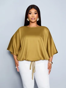 SOLERSUN Women's Elegant Loose-Fit Casual Party Luxury Satin Batwing Sleeve Blouse With Drawstring Hem - Mustard Yellow - View 7