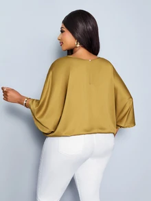 SOLERSUN Women's Elegant Loose-Fit Casual Party Luxury Satin Batwing Sleeve Blouse With Drawstring Hem - Mustard Yellow - View 5