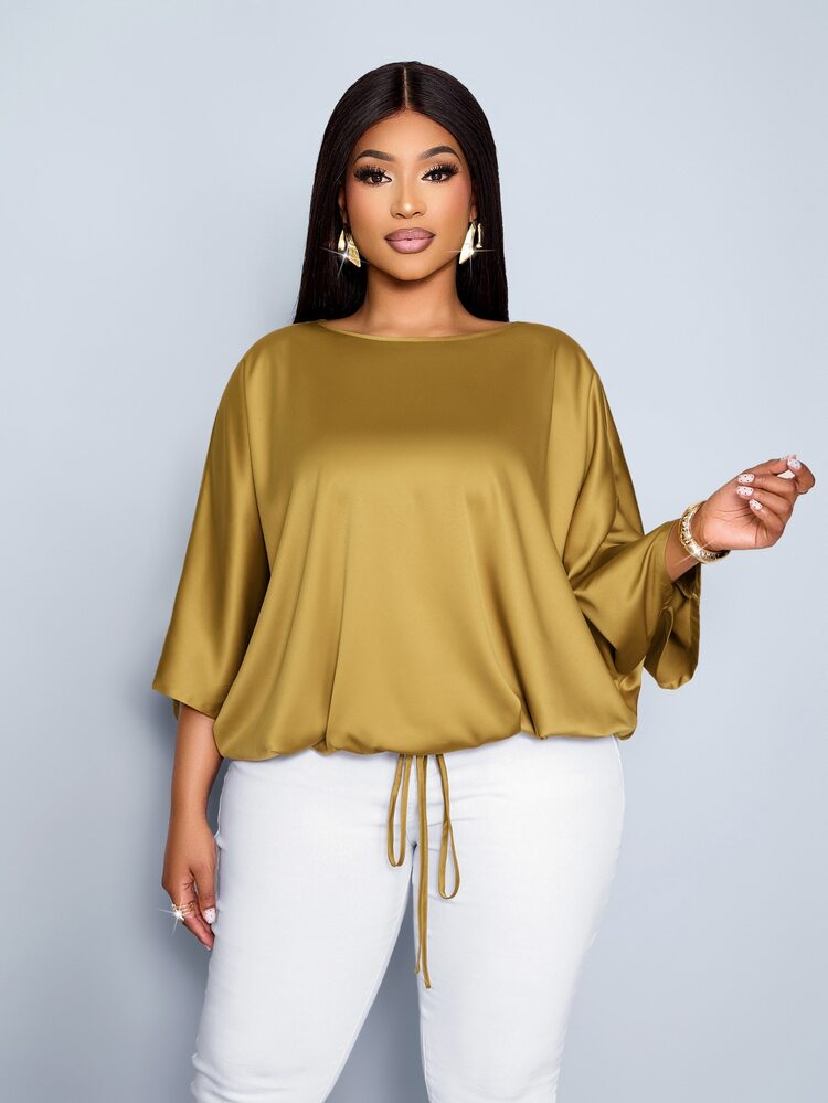 SOLERSUN Women's Elegant Loose-Fit Casual Party Luxury Satin Batwing Sleeve Blouse With Drawstring Hem - Mustard Yellow - View 6