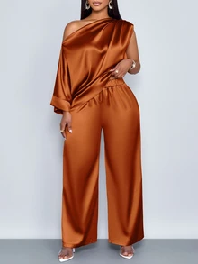 SOLERSUN Women's Rust Orange Summer Elegant Night Out Club Wedding Ninang Ruched Asymmetrical Neck Batwing Sleeve Satin Blouse & Straight-Leg Long Pants Sets - Brown - View 5