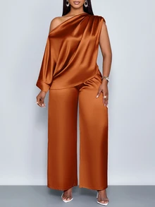 SOLERSUN Women's Rust Orange Summer Elegant Night Out Club Wedding Ninang Ruched Asymmetrical Neck Batwing Sleeve Satin Blouse & Straight-Leg Long Pants Sets - Brown - View 7