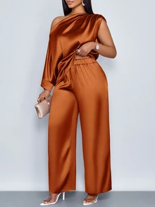 SOLERSUN Women's Rust Orange Summer Elegant Night Out Club Wedding Ninang Ruched Asymmetrical Neck Batwing Sleeve Satin Blouse & Straight-Leg Long Pants Sets - Brown - View 6