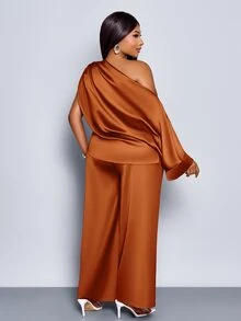 SOLERSUN Women's Rust Orange Summer Elegant Night Out Club Wedding Ninang Ruched Asymmetrical Neck Batwing Sleeve Satin Blouse & Straight-Leg Long Pants Sets - Brown - View 2