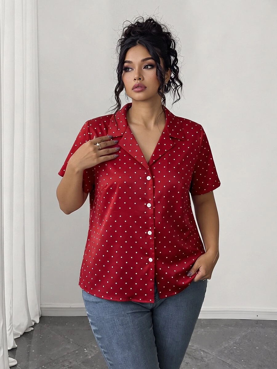 Franclia Plus Size Women's Woven Solid Color Lapel Short Sleeve Button-Up Casual Loose Commute Elegant Polka Dot Blouse - Red - View 1