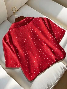 Franclia Plus Size Women's Woven Solid Color Lapel Short Sleeve Button-Up Casual Loose Commute Elegant Polka Dot Blouse - Red - View 2