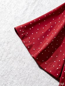 Franclia Plus Size Women's Woven Solid Color Lapel Short Sleeve Button-Up Casual Loose Commute Elegant Polka Dot Blouse - Red - View 5