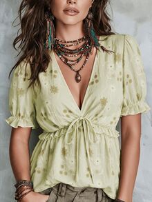 Ceyna Áo blouse nữ size lớn phong cách Pháp casual thanh lịch, họa tiết hoa, cổ chữ V, tay ngắn - màu xanh lá - Xem 3