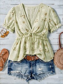 Ceyna Áo blouse nữ size lớn phong cách Pháp casual thanh lịch, họa tiết hoa, cổ chữ V, tay ngắn - màu xanh lá - Xem 4