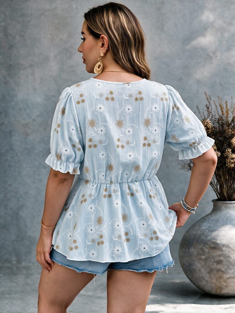 Ceyna Plus Size Women's French Style Casual Boho Elegant Floral V-Neck Short Sleeve Blouse Holiday Vacation Light Blue And Summer - Baby Blue - View 2