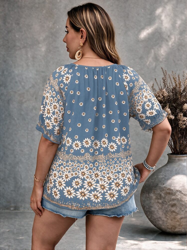 Ceyna Plus Size Women's Casual Bohemian Boho Floral Print Short Sleeve Shirt, Minimalist French Style For Summer Outings Dates Vacation Blue And White - Dusty Blue - View 2
