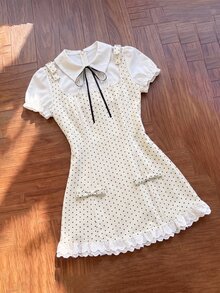 Elamini 女款甜辣風蝴蝶結裝飾 2合1拼接波點洋裝 - 杏色 - 查看 1