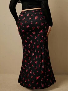 Freevana 女款大尺碼美人魚尾緊身長裙，黑紅碎花，彈性面料，優雅波西米亞風，適合秋季約會與約會之夜 - 黑色 - 查看 2