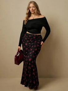 Freevana 女款大尺碼美人魚尾緊身長裙，黑紅碎花，彈性面料，優雅波西米亞風，適合秋季約會與約會之夜 - 黑色 - 查看 7