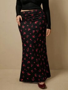 Freevana 女款大尺碼美人魚尾緊身長裙，黑紅碎花，彈性面料，優雅波西米亞風，適合秋季約會與約會之夜 - 黑色 - 查看 3