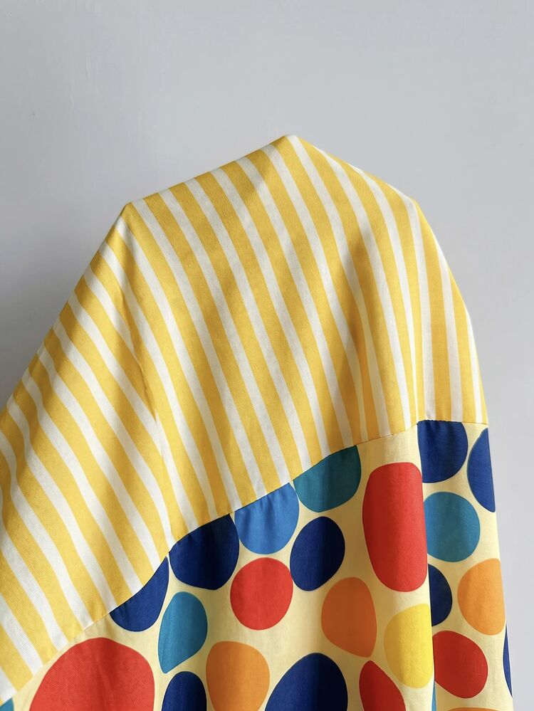 BrightlyHer Plus Size Women's Sunset Abstract Geometric Print V-Neck Short Sleeve Pleated Loose A-Line Midi Dress Casual Going Out Outfits Women Fall Fashion 2026 - Yellow - View 7