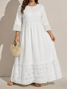 EMERY ROSE Plus Size Women's Hollow Embroidery Round Neck 3/4 Sleeve Ruffle Loose A-Line Midi Dress Casual Beach Vacation Going Out Fall Fashion 2026 - White - View 11