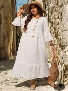 EMERY ROSE Plus Size Women's Hollow Embroidery Round Neck 3/4 Sleeve Ruffle Loose A-Line Midi Dress Casual Beach Vacation Going Out Fall Fashion 2026 - White - View 4