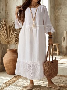 EMERY ROSE Plus Size Women's Hollow Embroidery Round Neck 3/4 Sleeve Ruffle Loose A-Line Midi Dress Casual Beach Vacation Going Out Fall Fashion 2026 - White - View 8