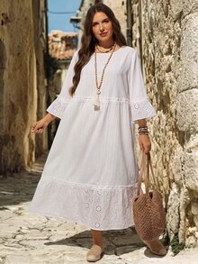 EMERY ROSE Plus Size Women's Hollow Embroidery Round Neck 3/4 Sleeve Ruffle Loose A-Line Midi Dress Casual Beach Vacation Going Out Fall Fashion 2026 - White - View 5