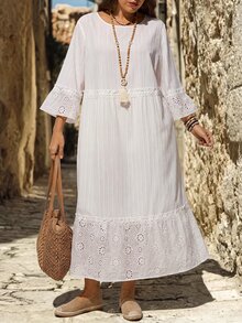 EMERY ROSE Plus Size Women's Hollow Embroidery Round Neck 3/4 Sleeve Ruffle Loose A-Line Midi Dress Casual Beach Vacation Going Out Fall Fashion 2026 - White - View 6