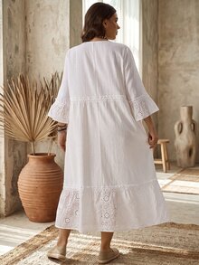EMERY ROSE Plus Size Women's Hollow Embroidery Round Neck 3/4 Sleeve Ruffle Loose A-Line Midi Dress Casual Beach Vacation Going Out Fall Fashion 2026 - White - View 2