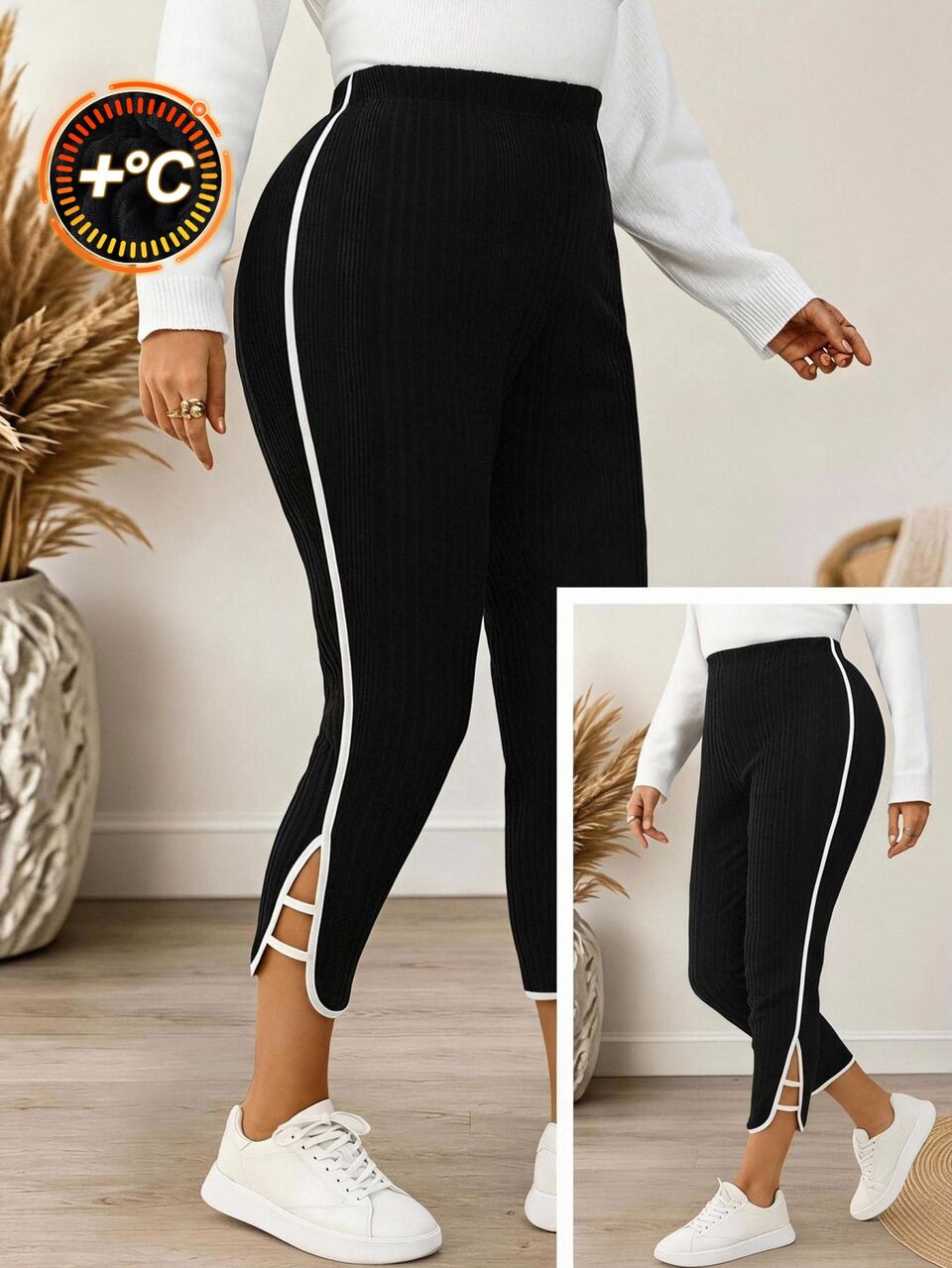 Plus Size Women's Black And White Colorblock Side Slit High Waist Ribbed Cropped Leggings Casual Soft Soft Gym Formal Formal Pants Winter