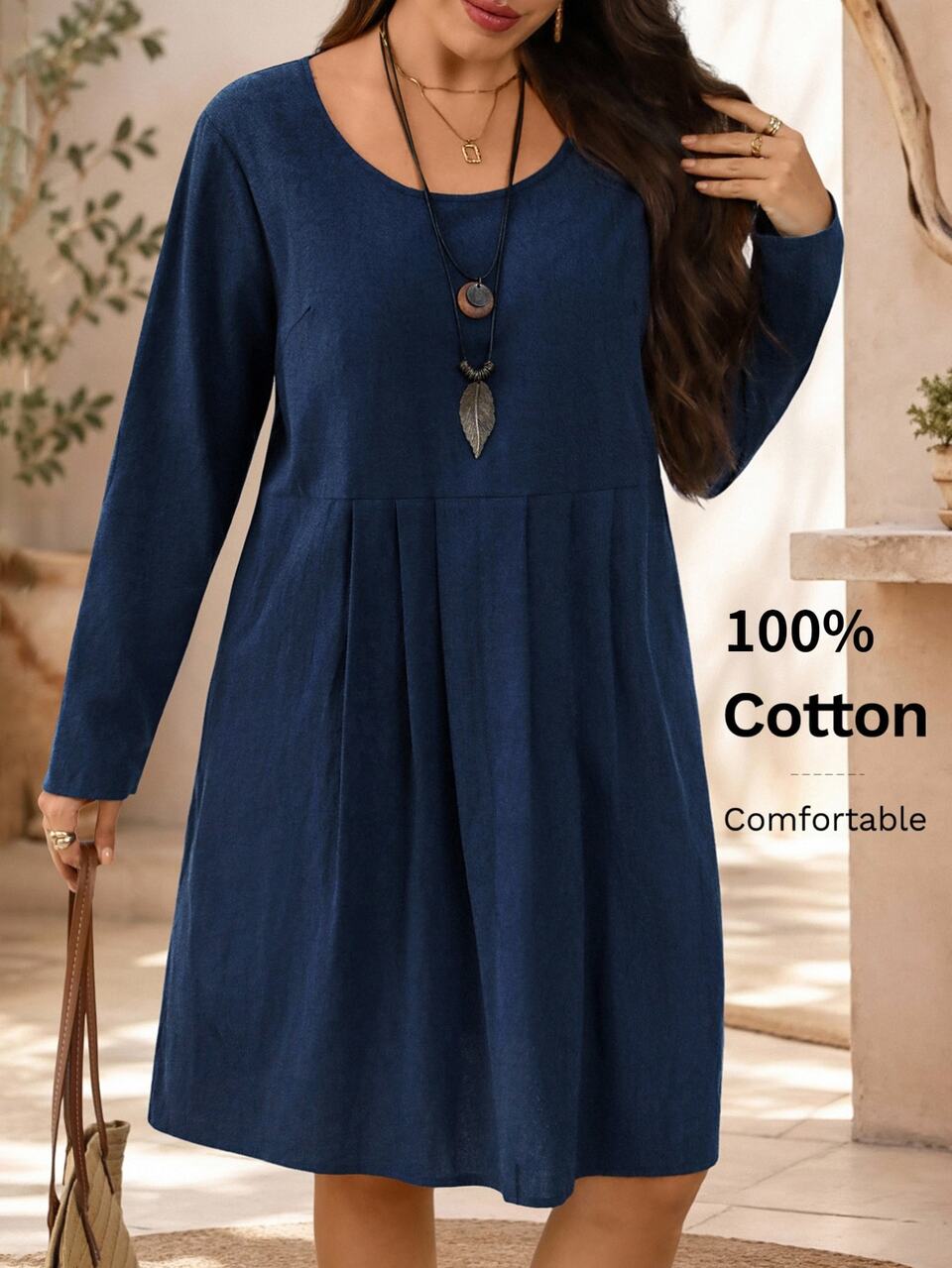Plus Size Women's Navy Blue Ruched Round Neck Long Sleeve Pleated Button Loose A-Line Midi Dress Casual Simple Normal Daily Country Fall