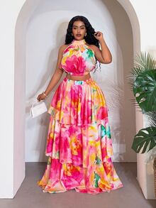Slaydiva Plus-Size Women's Pink Floral Summer Boho Vacation Holiday Two Pieces Set,Sleeveless Backless Crop Top&Multi-Layered Ruffled Tiered Skirt,Casual Style - Multicolor - View 4
