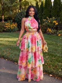 Slaydiva Plus-Size Women's Pink Floral Summer Boho Vacation Holiday Two Pieces Set,Sleeveless Backless Crop Top&Multi-Layered Ruffled Tiered Skirt,Casual Style - Multicolor - View 6