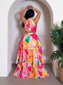Slaydiva Plus-Size Women's Pink Floral Summer Boho Vacation Holiday Two Pieces Set,Sleeveless Backless Crop Top&Multi-Layered Ruffled Tiered Skirt,Casual Style - Multicolor - View 2