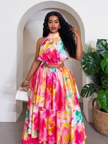 Slaydiva Plus-Size Women's Pink Floral Summer Boho Vacation Holiday Two Pieces Set,Sleeveless Backless Crop Top&Multi-Layered Ruffled Tiered Skirt,Casual Style - Multicolor - View 5