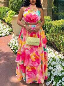 Slaydiva Plus-Size Women's Pink Floral Summer Boho Vacation Holiday Two Pieces Set,Sleeveless Backless Crop Top&Multi-Layered Ruffled Tiered Skirt,Casual Style - Multicolor - View 10