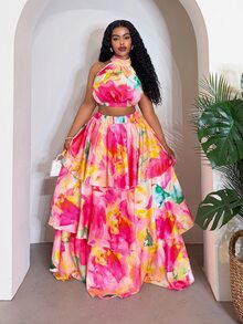 Slaydiva Plus-Size Women's Pink Floral Summer Boho Vacation Holiday Two Pieces Set,Sleeveless Backless Crop Top&Multi-Layered Ruffled Tiered Skirt,Casual Style - Multicolor - View 9