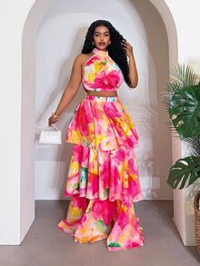 Slaydiva Plus-Size Women's Pink Floral Summer Boho Vacation Holiday Two Pieces Set,Sleeveless Backless Crop Top&Multi-Layered Ruffled Tiered Skirt,Casual Style - Multicolor - View 3