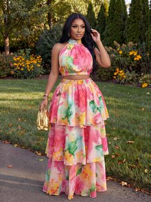 Slaydiva Plus-Size Women's Pink Floral Summer Boho Vacation Holiday Two Pieces Set,Sleeveless Backless Crop Top&Multi-Layered Ruffled Tiered Skirt,Casual Style - Multicolor - View 11