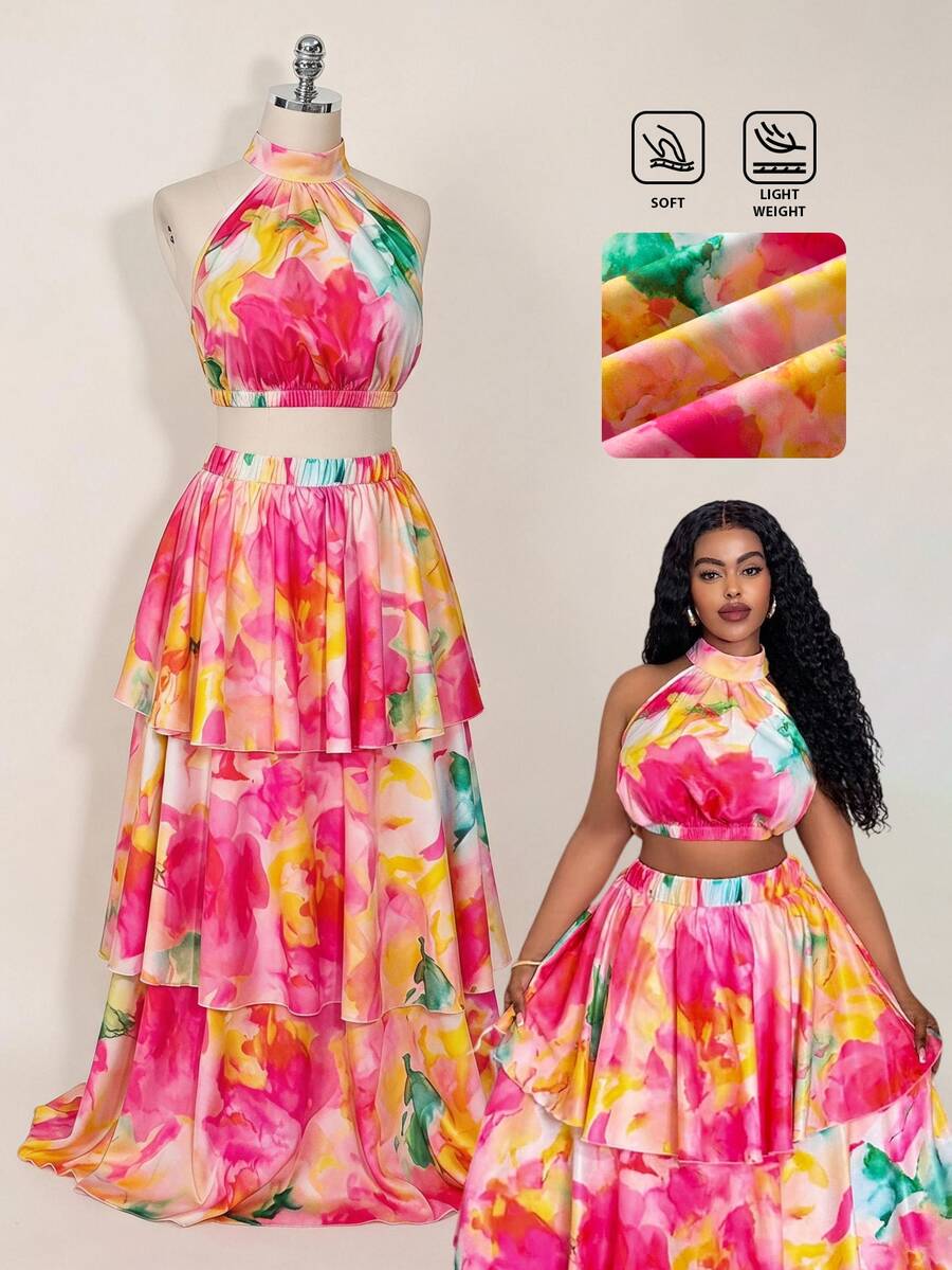 Slaydiva Plus-Size Women's Pink Floral Summer Boho Vacation Holiday Two Pieces Set,Sleeveless Backless Crop Top&Multi-Layered Ruffled Tiered Skirt,Casual Style - Multicolor - View 1