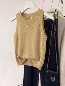SHEIN Franclia 2026新款女款閃金針織背心上衣-圓領、羅紋袖口細節、短版剪裁，完美融合90年代復古魅力與極簡時尚，適合早午餐約會、夜晚出遊及春夏日常穿搭 - 杏色 - 查看 6