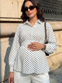 MaterniWear 孕婦法式復古休閒優雅鈕扣半開襟抽褶長袖襯衫 秋季辦公正式工作穿搭 - 白色 - 查看 11