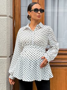 MaterniWear 孕婦法式復古休閒優雅鈕扣半開襟抽褶長袖襯衫 秋季辦公正式工作穿搭 - 白色 - 查看 4