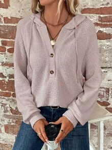 SHEIN LUNE Half Button Raglan Sleeve Drawstring Hoodie,Long Sleeve Tops Graduation,Back To School Outfits,Teacher Outfits For Women,In Autumn/ Travel Pink Casual - Light Grey - View 6